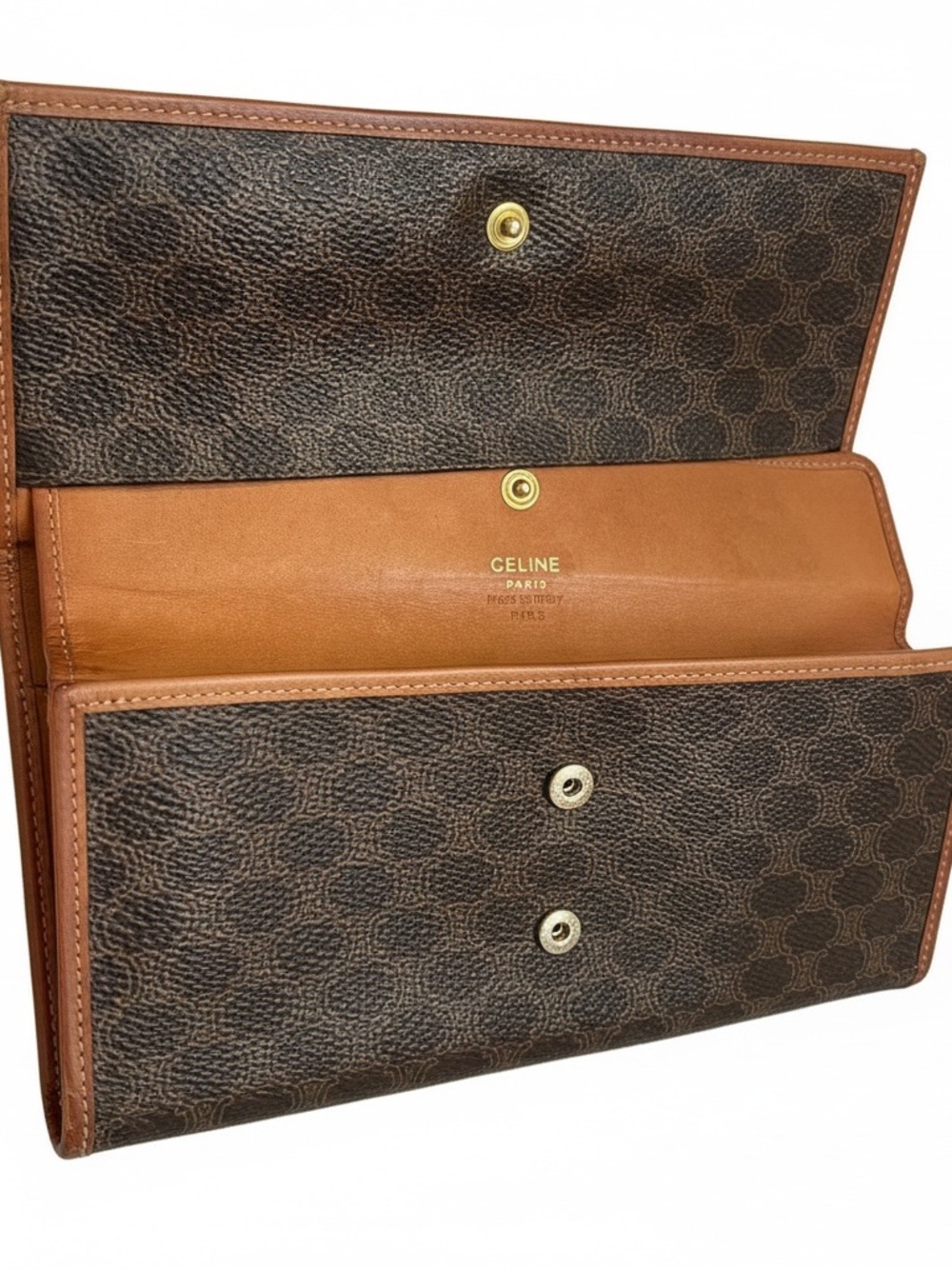 Celine Brown Canvas with Tan Leather Long Wallet